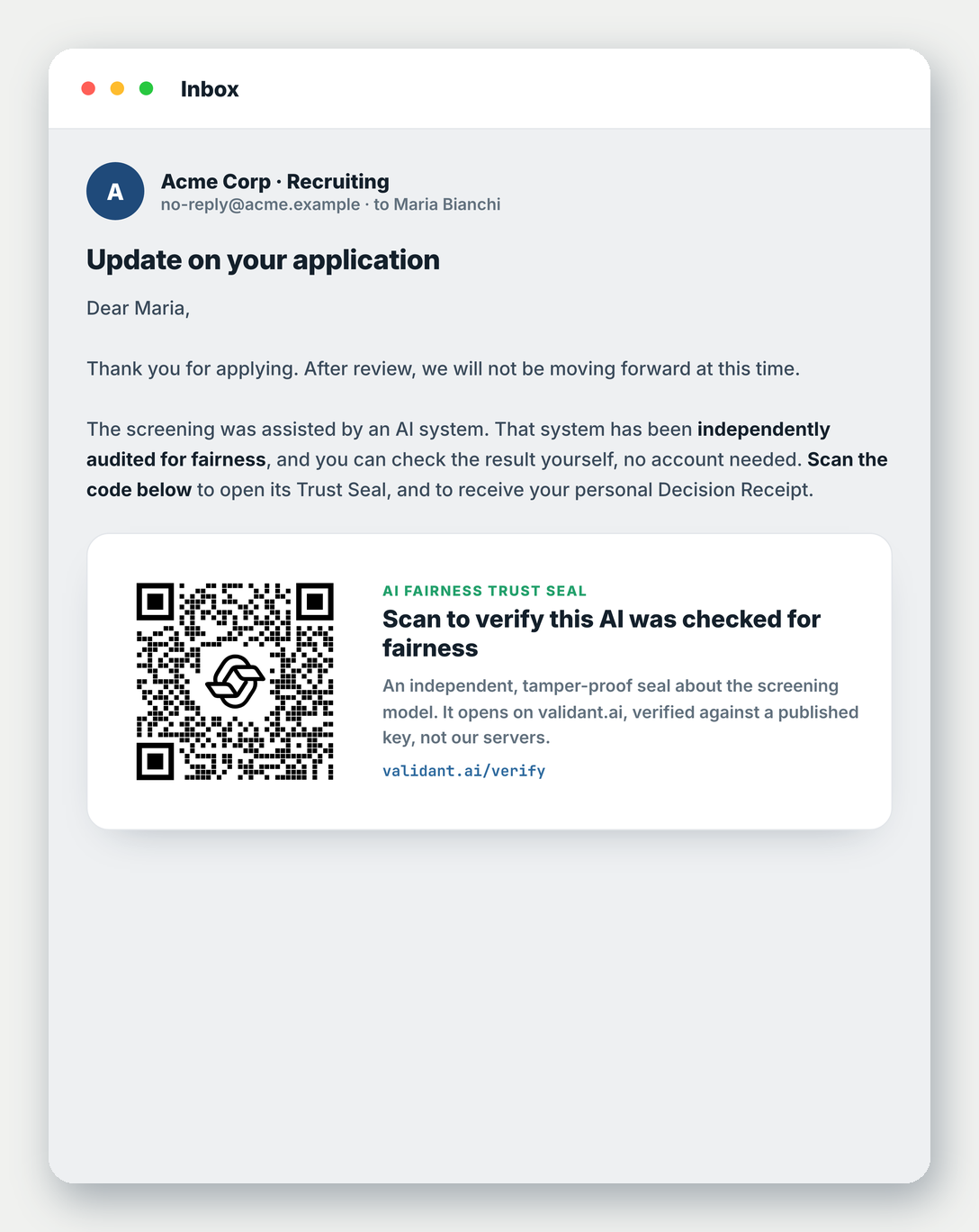 A rejection email from an employer with a scannable code at the foot, offering the applicant a way to check the AI system that screened her.