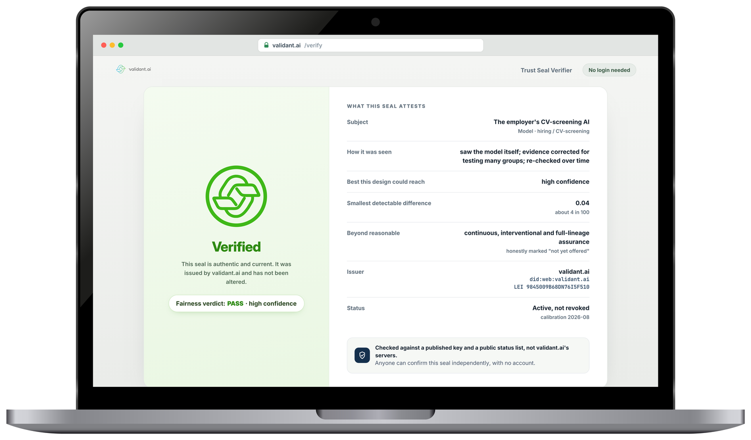 A laptop browser showing the public validant.ai verifier with a checked seal: the signature, the issuer key and the revocation status each confirmed.
