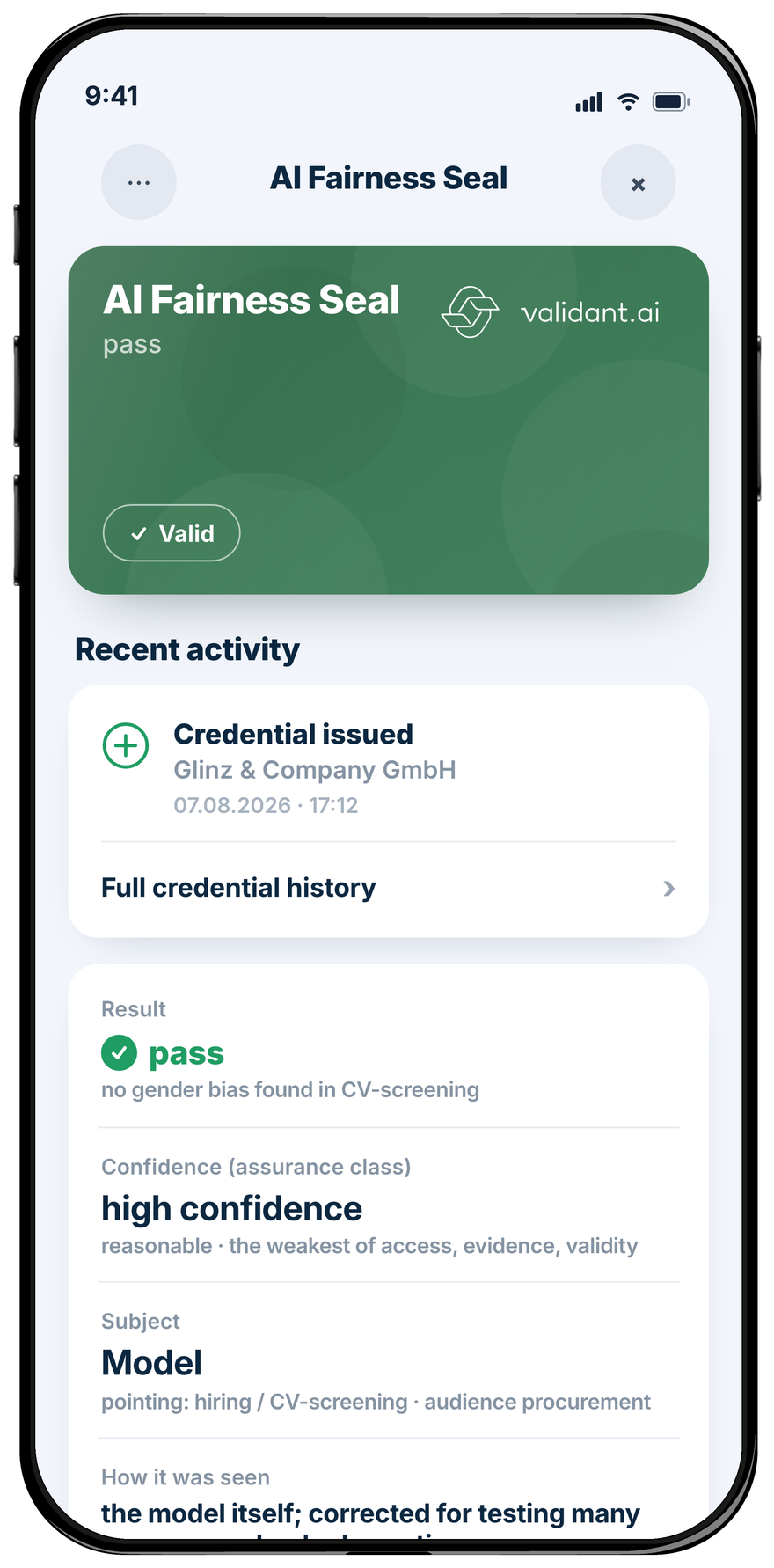 A phone showing the AI Fairness Seal as a wallet credential: the result, the confidence rating, and the subject of the credential, which is the model that made the decision.