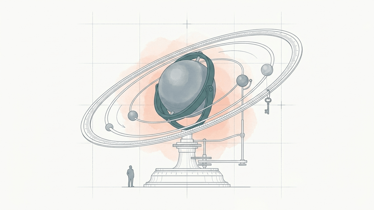 Fin dessin technique gris-bleu d'un planétaire : une lourde sphère centrale dans une monture à cardan bleu canard, entourée d'anneaux d'orbite elliptiques calibrés avec deux sphères plus petites capturées à proximité, une clé suspendue en guise de certificat, sur une base de précision avec une petite silhouette pour l'échelle et un léger lavis corail, sur papier de couleur chaude.