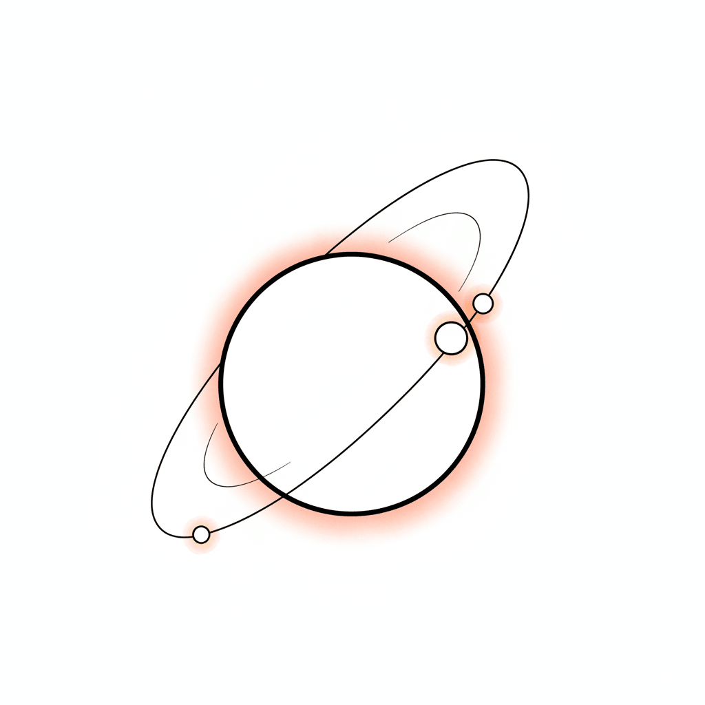 Dessin au trait d'une énorme sphère centrale et de deux sphères beaucoup plus petites prises dans des orbites qui se resserrent et s'incurvent vers elle, avec un léger lavis corail derrière la masse géante.