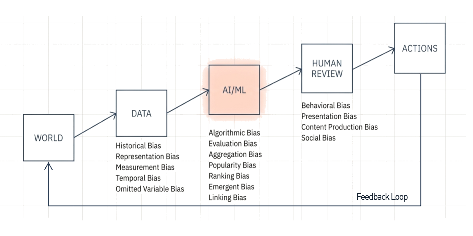 Diagram of the AI lifecycle: World, Data, AI/ML, Human Review and Actions, with the biases that enter at each stage and a feedback loop returning Actions to the World.