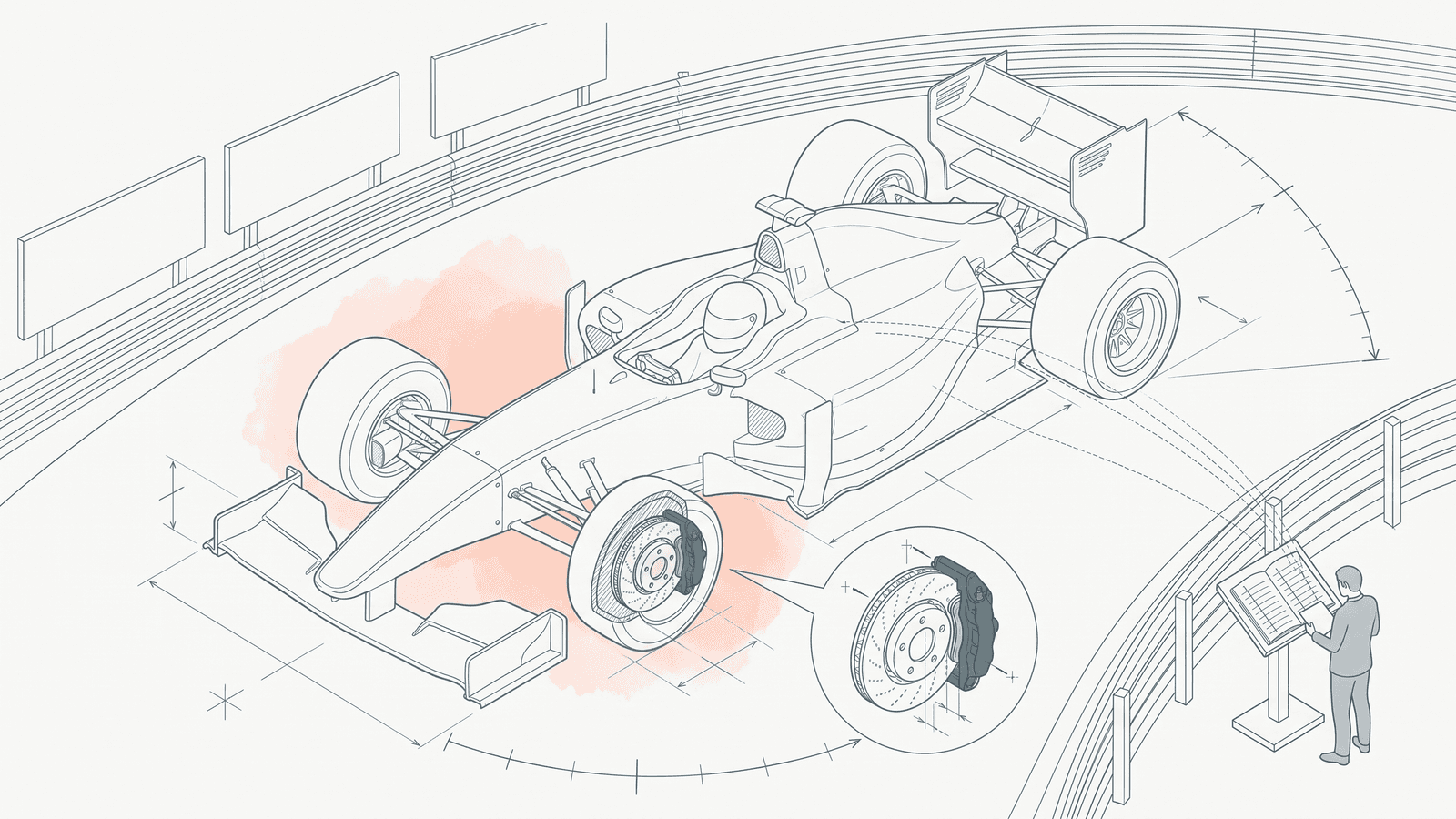 Detallado dibujo técnico en tonos gris azulado sobre papel de color cálido de un monoplaza de carreras frenando en una curva, dibujado a gran escala en perspectiva isométrica. La rueda delantera más cercana está seccionada para mostrar un disco de freno ventilado sujeto por una pinza de freno de color turquesa, repetido en un círculo de detalle como un despiece. Arcos de cota trazan la curva, vallas publicitarias en blanco bordean la pista y finas líneas discontinuas de telemetría van desde el coche, por encima de la barrera del circuito, hasta un atril fuera de la pista, donde una pequeña figura humana lee un libro de registro rayado y abierto. Un suave lavado de color coral se encuentra detrás de la parte delantera del coche.