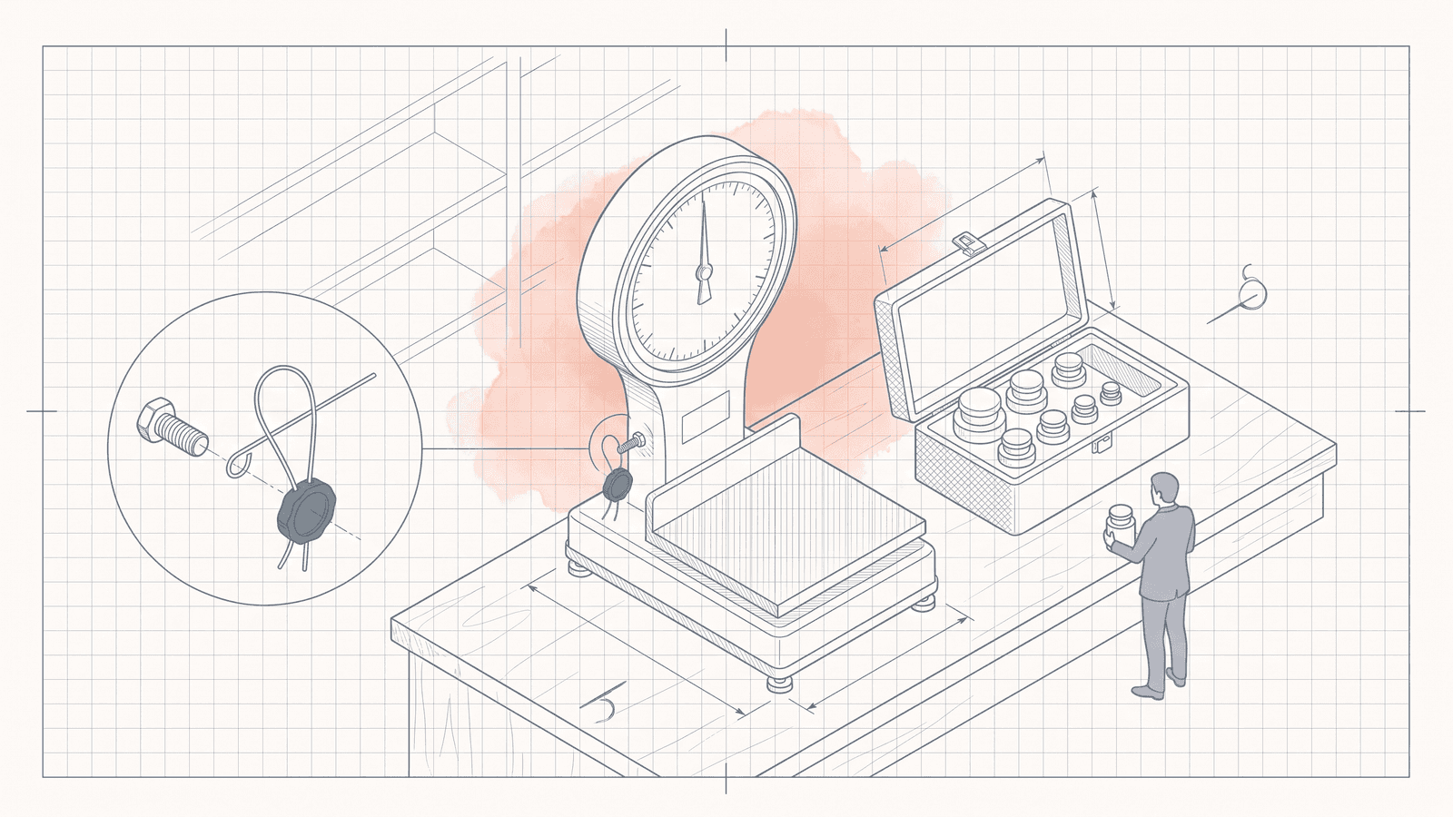 Dibujo lineal isométrico al estilo de Blanco de una báscula de plataforma de mostrador con un gran dial redondo, sobre un mostrador de madera. Un fino alambre pasa por el tornillo de calibración del lateral de la báscula y se cierra con un pequeño precinto estampado de color turquesa, mostrado ampliado en un círculo de detalle. Junto a la báscula, un estuche abierto con pesas de calibración cilíndricas; un inspector está de pie en el mostrador sosteniendo una pesa. Detrás se adivinan las estanterías de una tienda y un fondo lavado en un suave tono coral detrás de la báscula.