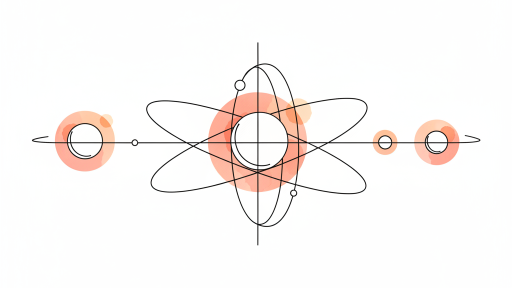 Blanco-style technical line drawing of three spheres of different sizes held in balance by interlacing elliptical orbits, with soft coral washes, on a white ground.