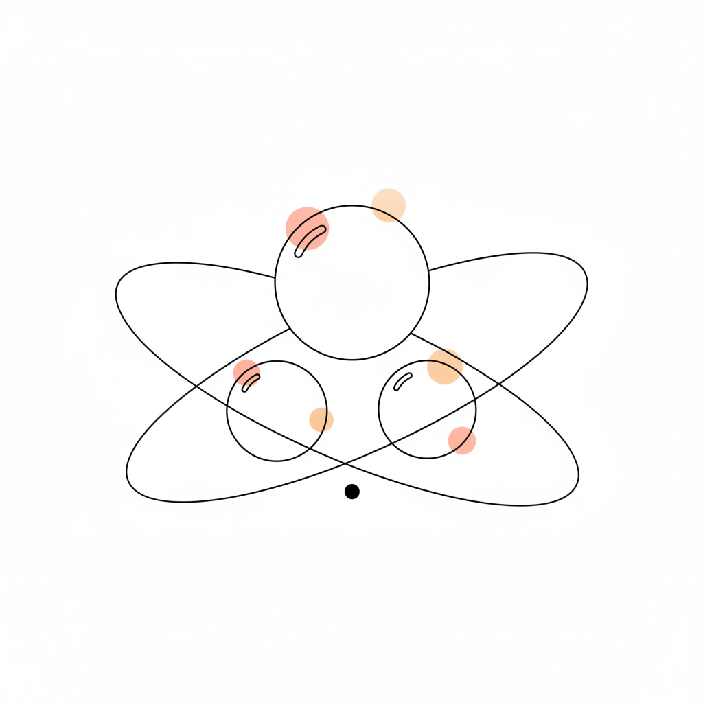 Line drawing of three spheres of different sizes resting in a balanced triangular formation, ringed by closed elliptical orbits that meet at a single point.