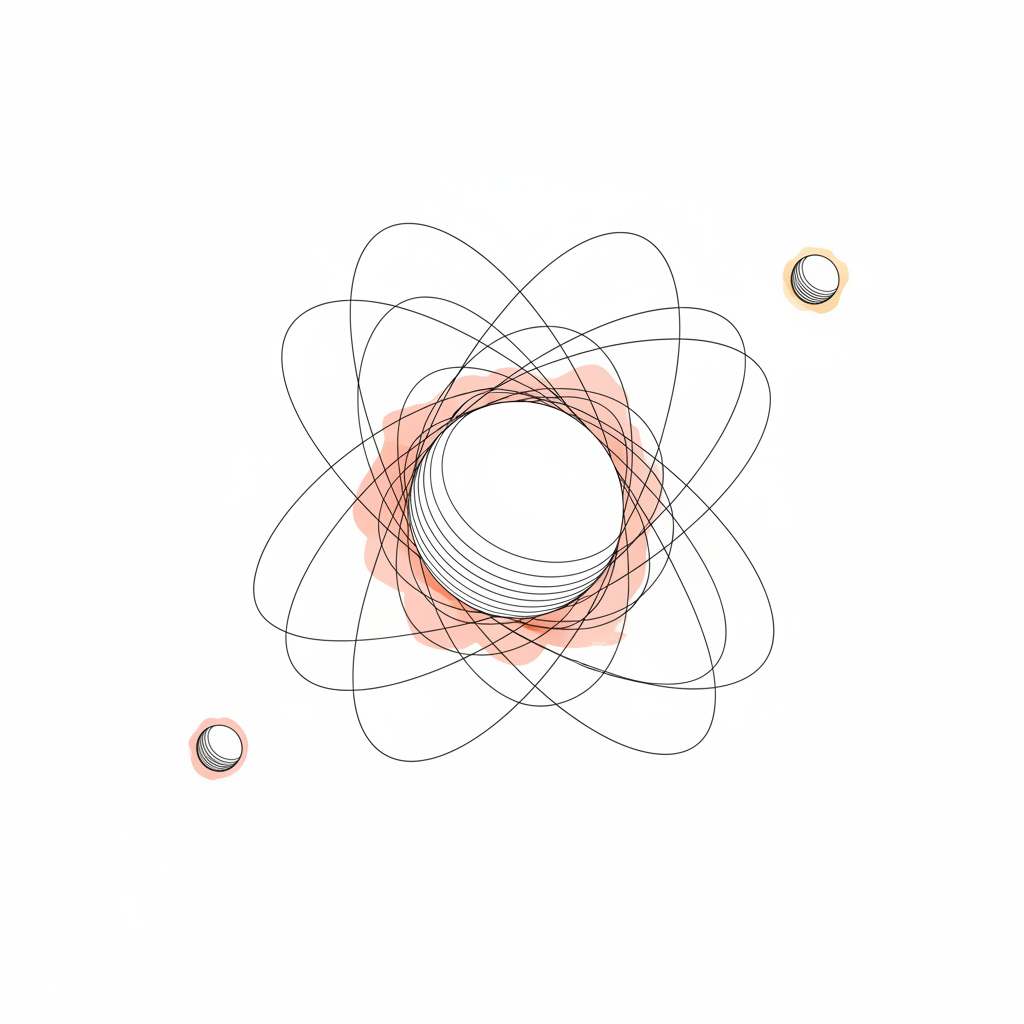 Line drawing of three spheres of unequal size, one large and central and two flung to the corners, surrounded by a dense tangle of crossing orbits that no longer close.