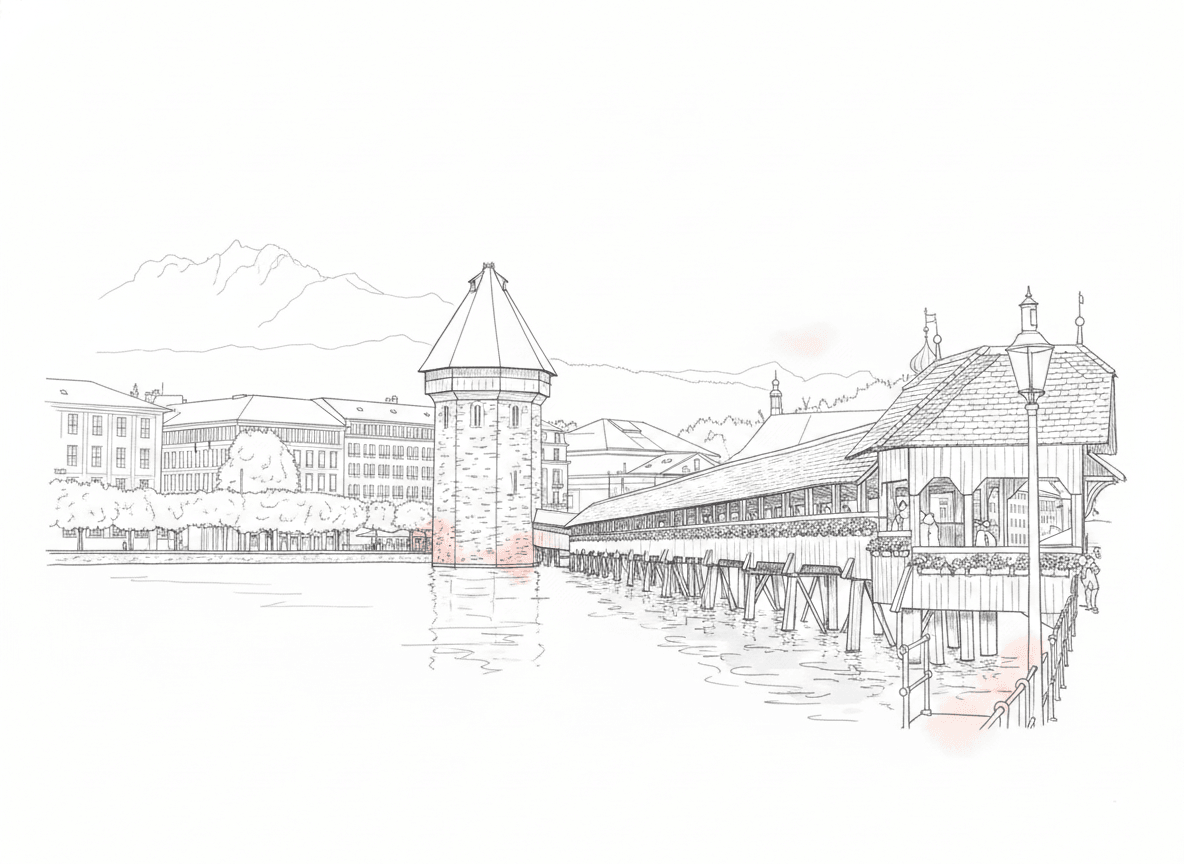 Blanco-style technical line drawing of Lucerne’s covered wooden Chapel Bridge and octagonal Water Tower over the Reuss, with Mount Pilatus behind and a soft coral wash in the sky.