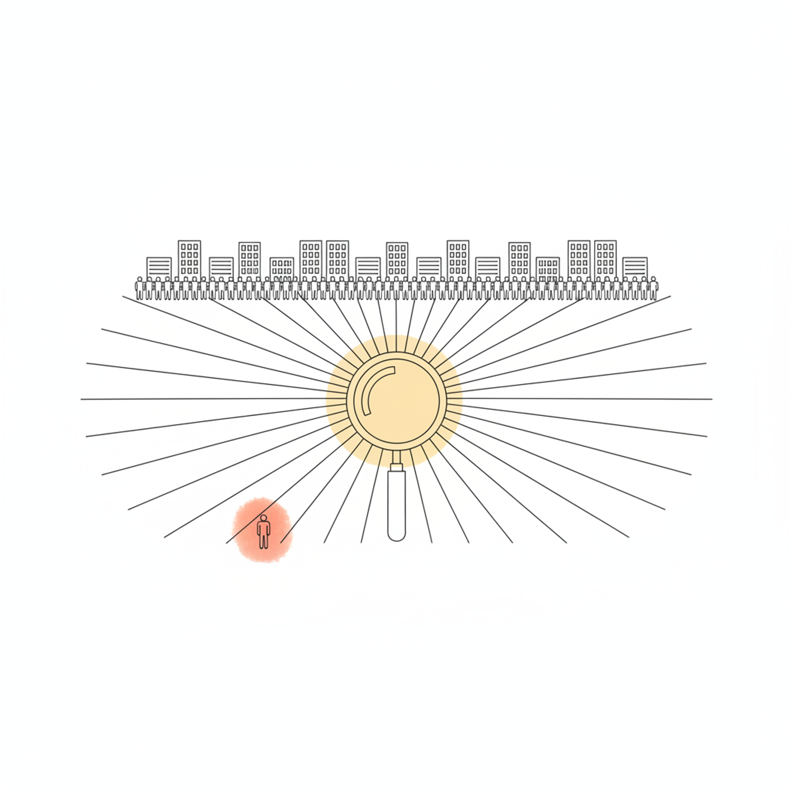 Blanco-style technical line drawing of a single magnifying lens at the centre, identical lines fanning out from it to a row of small office buildings and a uniform crowd of figures, with one lone figure softly stained coral and set apart, in thin black lines on white.