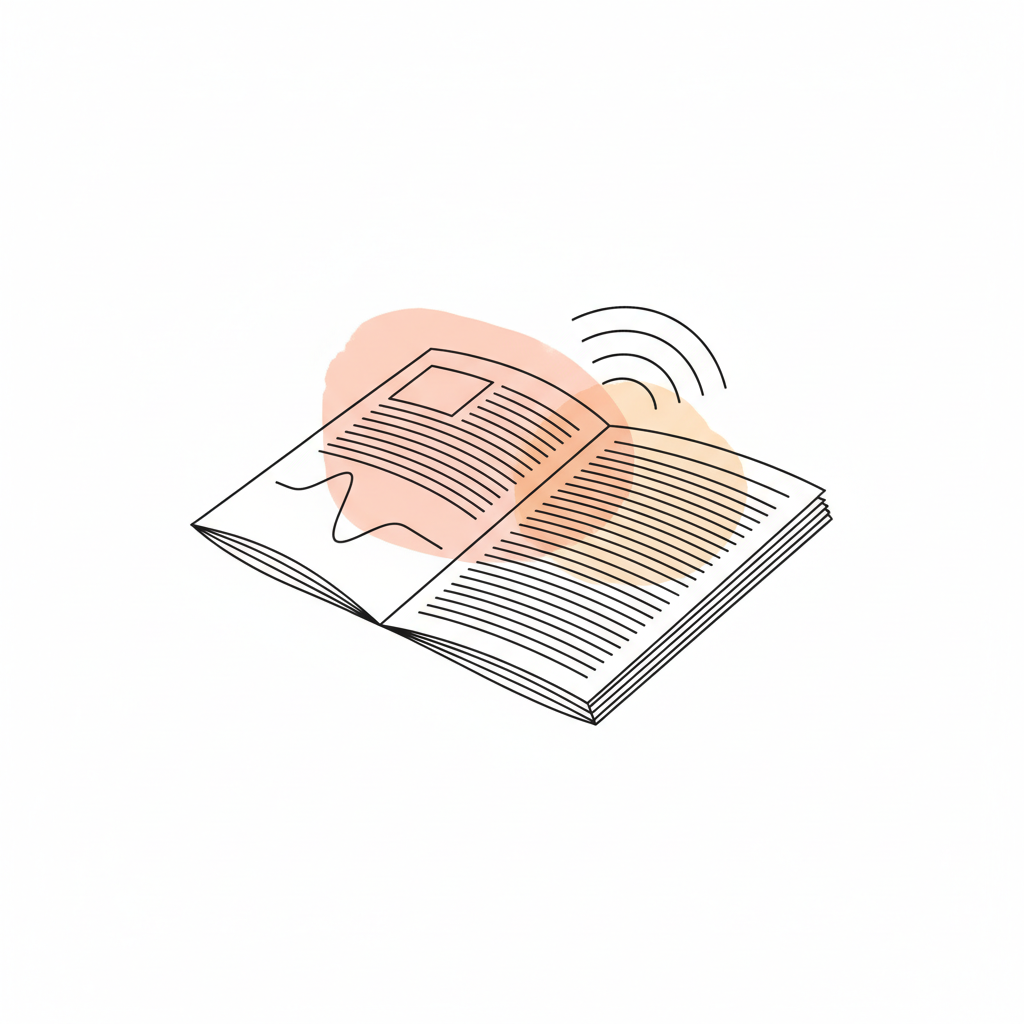 Simple line drawing of an open newsletter with a broadcast signal wave rising from it, in thin black lines with soft coral and amber accents on a white background.