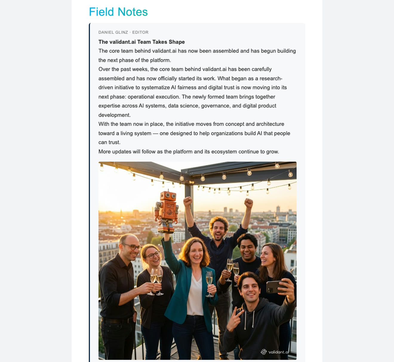 Field Notes from Trust Signal Issue #001 — the validant.ai team celebrating on a Berlin rooftop, holding up the Dante robot mascot at sunset.