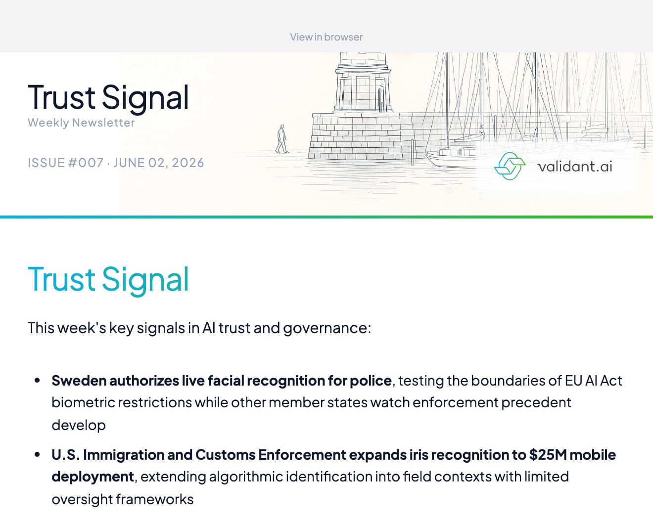 A recent Trust Signal issue — the weekly validant.ai digest on AI trust and fairness.