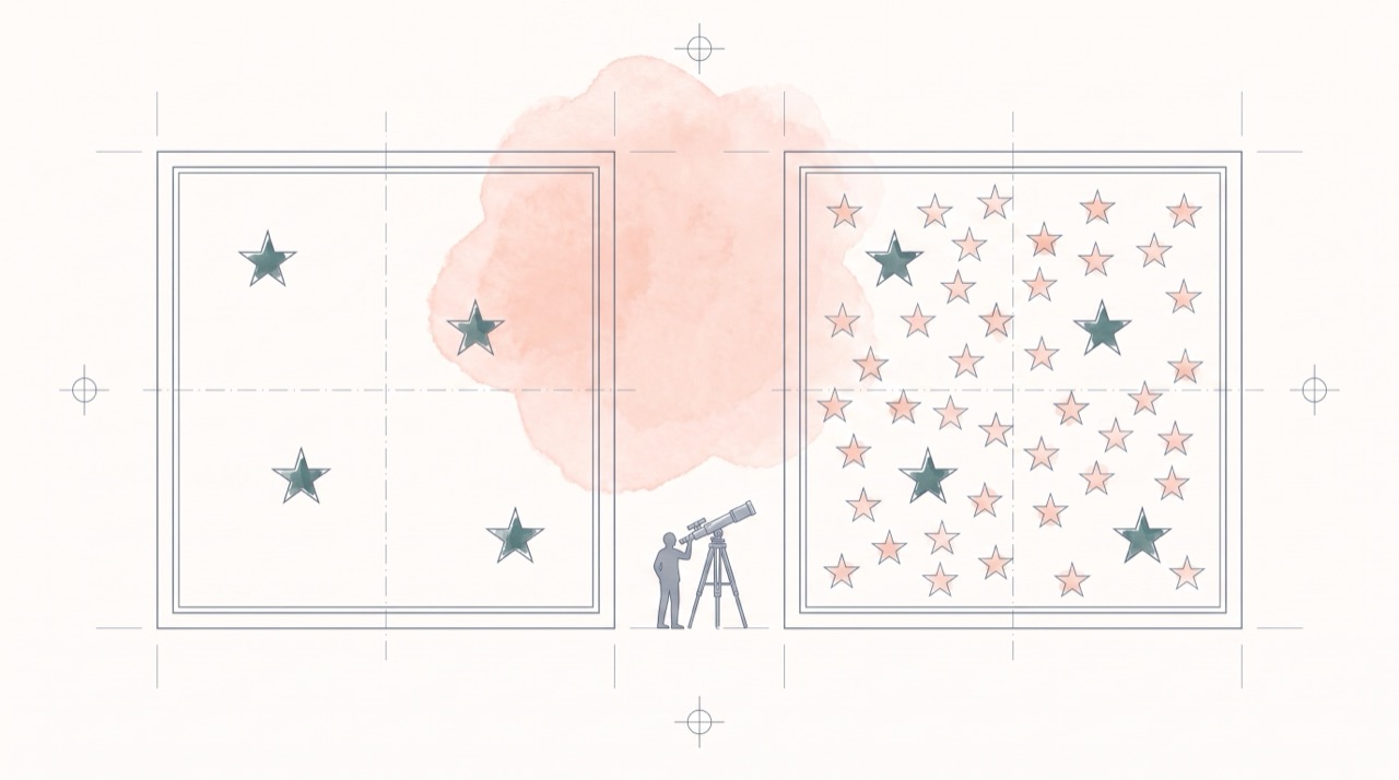 Fine grey-blue technical drawing on warm paper: two identical square star-field frames side by side; the left frame shows only four stars, the right frame shows the same field with about forty, the additional stars washed faintly in coral; a small human figure at a telescope between the frames for scale.