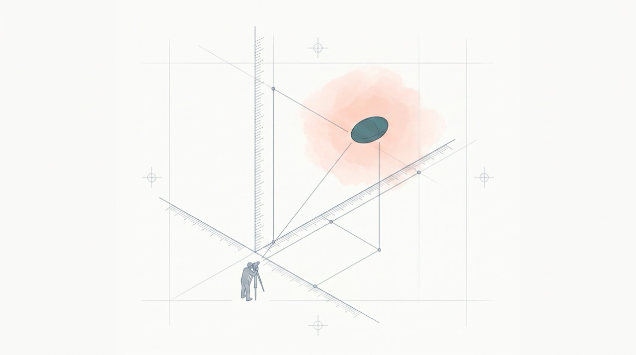 Fine grey-blue technical drawing on warm paper: three faint orthogonal axes carrying only tick scales, with a small solid ellipsoid floating at their intersection to mark a located assessment, thin leader lines dropping from the ellipsoid to each axis, one soft coral wash behind it, and a small human figure at a sighting instrument for scale.