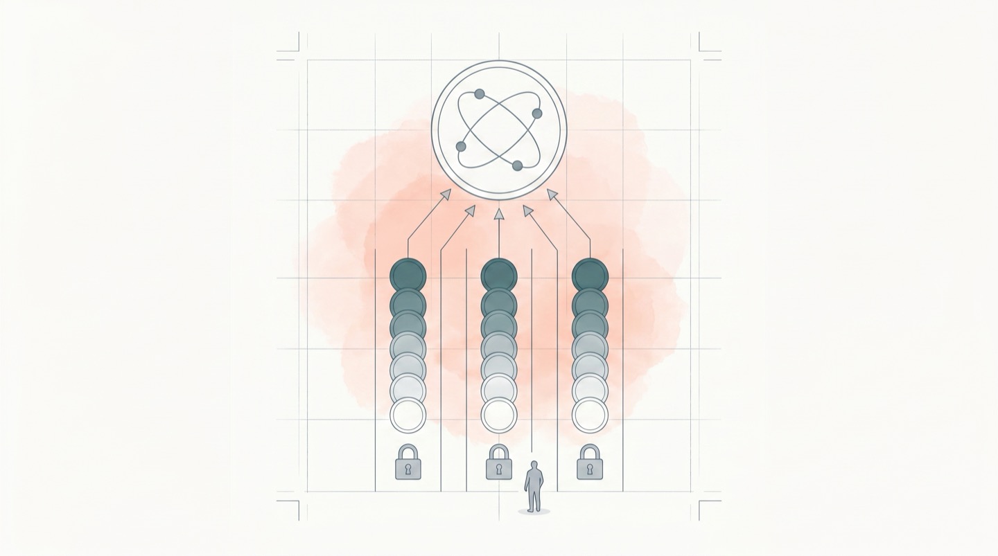 Fine grey-blue technical drawing on warm paper, read top to bottom. At the top, one large circular seal containing a small three-body orbit motif, the programme seal. Below it, three vertical lanes, each a stack of circular seal medallions rising from pale and open at the base to solid teal at the top, so each column reads as assurance earned over successive iterations. A closed padlock sits at the foot of each lane, marking a frozen objective, and a thin credential arrow rises from the top of each lane and converges into the programme seal. A small human figure at the base for scale.