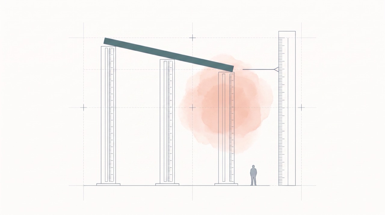 Fine grey-blue technical drawing on warm paper: three tall calibrated columns of different heights standing side by side, a horizontal beam resting across the top of the shortest column, and a vertical graduated scale beside them from which the resting height is read off; the shortest, limiting column carries a soft coral wash, a small human figure at the base for scale.