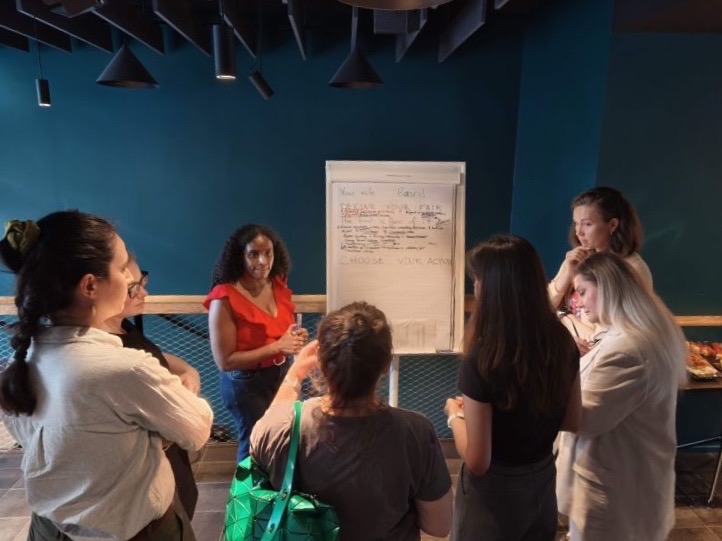 A group of Trustworthy AI Circle participants gathered around a flipchart headed “Board”, working through what fairness means from their assigned role.