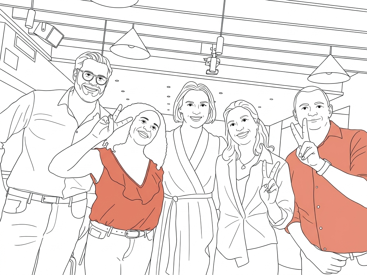 Blanco-style technical line drawing of five Trustworthy AI Circle participants smiling and holding up peace signs, rendered in thin black lines on white with soft coral accents.