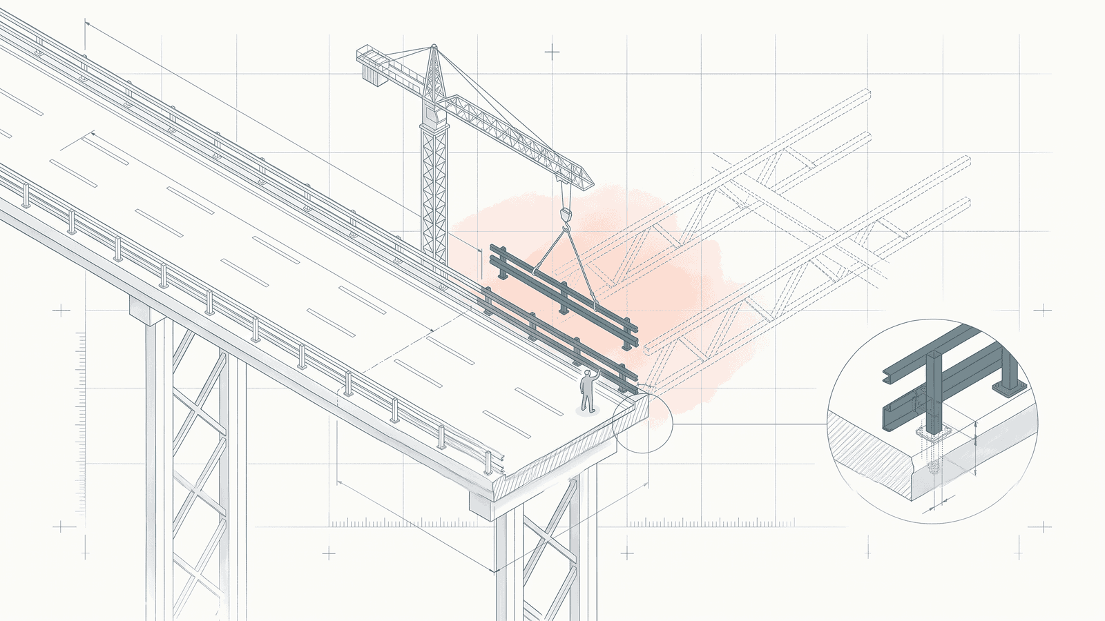 Fine grey-blue technical drawing on warm paper of an elevated race road that ends in open air as a dashed, unfinished truss, while a crane lowers one teal guardrail section onto the deck ahead of the drop, before any vehicle has reached it, with a soft coral wash behind the guardrail and a small human figure on the deck for scale.
