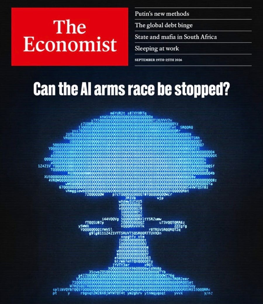 Cover of The Economist, 19 to 25 September 2026, headlined “Can the AI arms race be stopped?”, showing a mushroom cloud built entirely from glowing blue text characters on a dark screen, ending in a terminal prompt reading y/n?