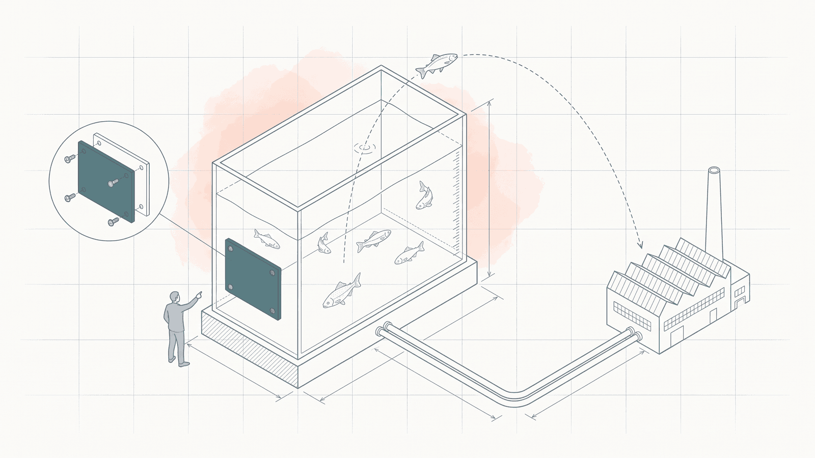 Blanco-style technical line drawing of a glass aquarium with fish, one of which arcs out over the rim along a dashed trajectory, while a teal riveted maker’s plate on the front of the tank and a conduit running from its base to a sawtooth-roofed factory show who built and filled it, with a soft coral wash behind the tank and a small human figure pointing at the plate for scale.