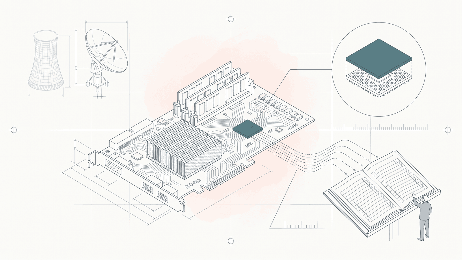 Blanco-style technical line drawing in three parts: on the left, drawn faintly, a cooling tower and a satellite dish representing external, physical verification; in the centre an accelerator board with memory stacks and a teal attestation chip; dashed telemetry lines flow from the chip to an open ruled ledger with check marks on a stand at the right, with a soft coral wash behind the board and a small human figure beside the ledger for scale.