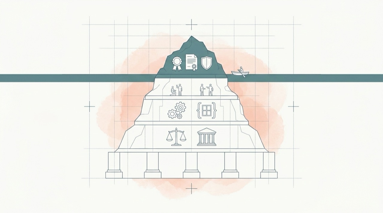 Blanco line drawing of an iceberg as a layered trust architecture: a small visible tip carrying a certificate seal, a document and a shield above a teal waterline, and a large four-strata mass below the surface for the agency, engineering, governance and institutional layers, with a small figure in a boat for scale.