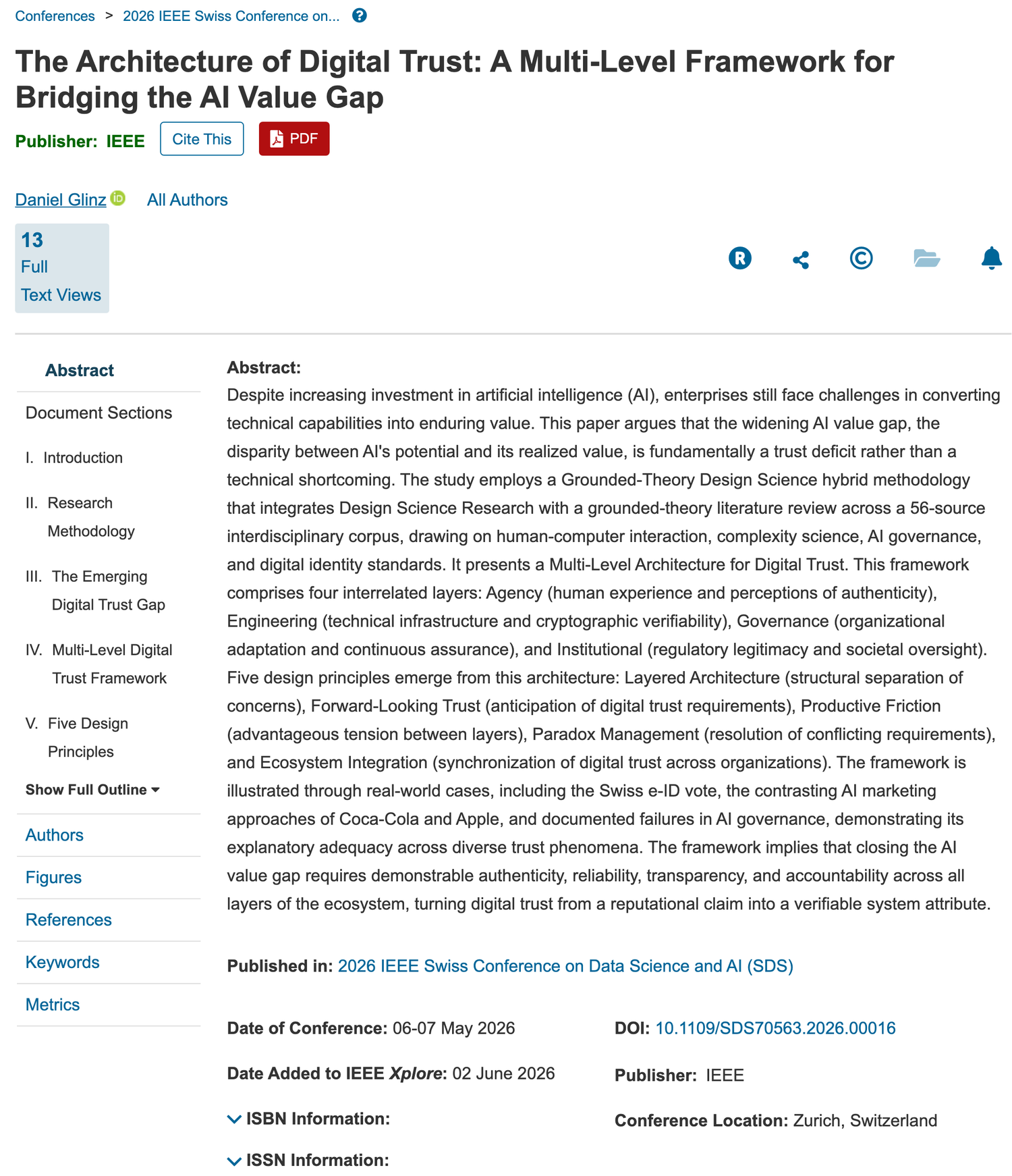 The paper’s entry on IEEE Xplore, showing the title “The Architecture of Digital Trust: A Multi-Level Framework for Bridging the AI Value Gap,” the author, the conference and a download button.