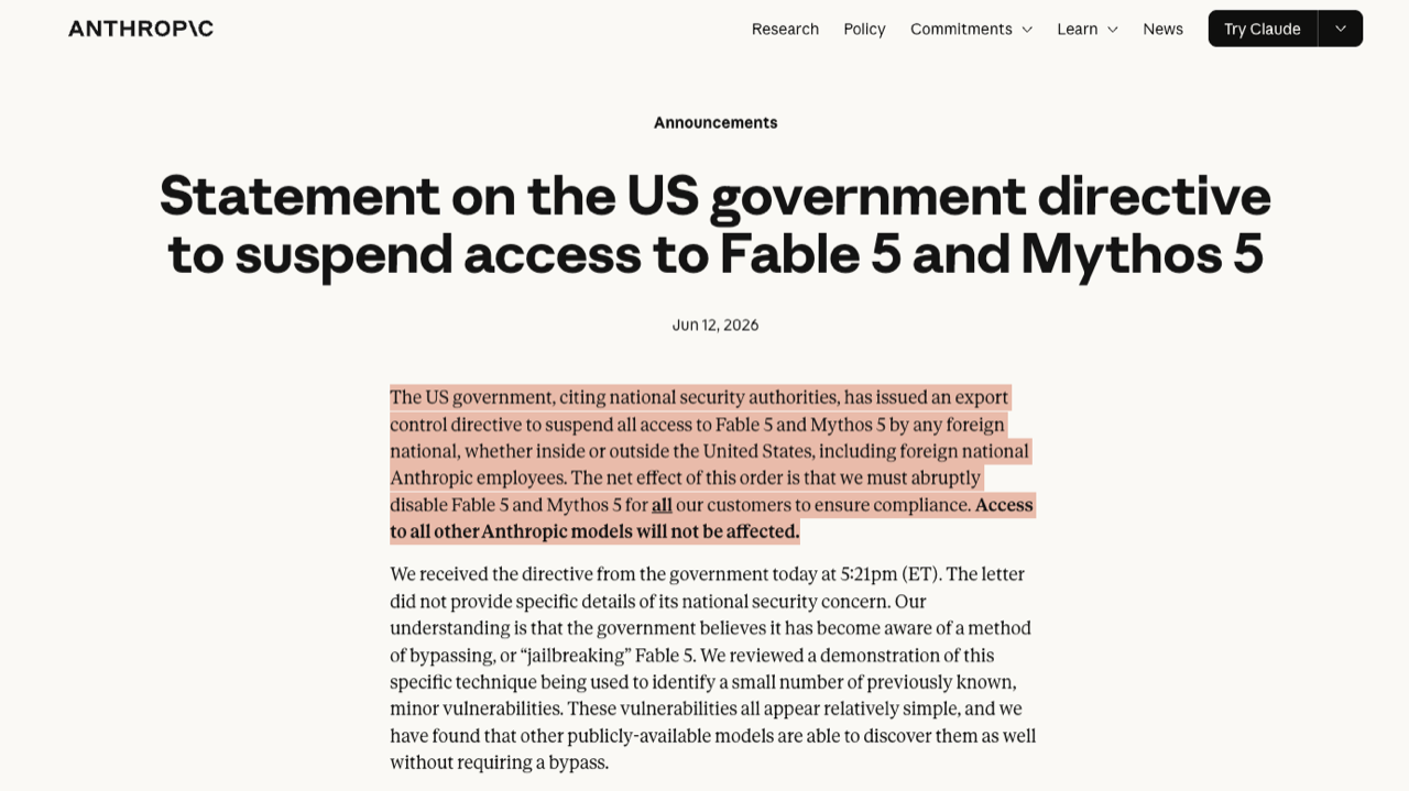 Capture d'écran du site web d'Anthropic montrant une annonce intitulée « Statement on the US government directive to suspend access to Fable 5 and Mythos 5 », datée du 12 juin 2026, décrivant la directive de contrôle des exportations et la suspension mondiale des deux modèles.