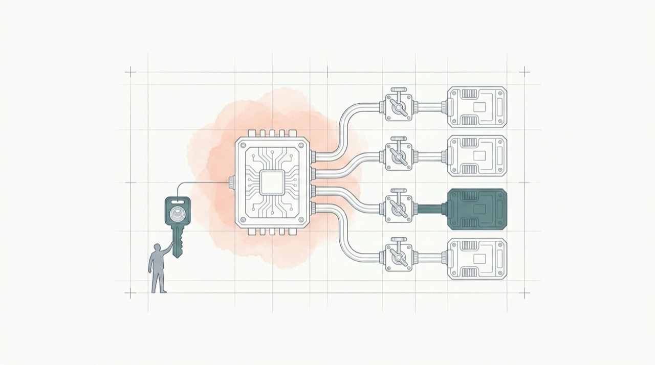 Dessin technique au trait de style Blanco d'un hub de charge de travail central relié par des conduits parallèles à une rangée de modules de fournisseurs de modèles interchangeables, chaque conduit étant équipé d'un commutateur de transfert manuel et un fournisseur dessiné en bleu sarcelle, tandis qu'une petite silhouette humaine brandit une clé d'identification portable reliée au hub, avec un lavis corail doux derrière le hub.