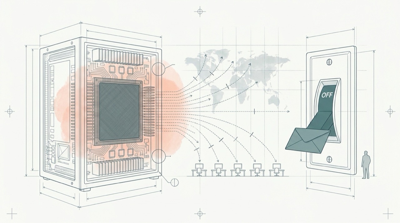 Dessin technique fin, gris-bleu, sur papier de couleur chaude, représentant une unité de modèle d'IA de pointe montée en rack et mise hors service, à côté d'un grand interrupteur à couteau basculé sur la position d'arrêt et actionné par une lettre scellée, avec des lignes de données en pointillés menant à de petits terminaux clients et une carte du monde estompée, le tout traversé par des marques de rupture, un levier d'interrupteur de couleur sarcelle, un léger lavis de couleur corail et une petite silhouette humaine pour donner l'échelle.