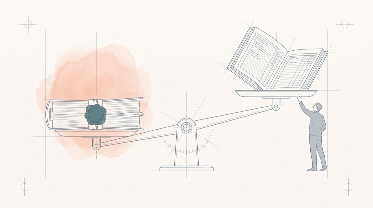 Dessin technique au trait de style Blanco d'une balance à fléau déséquilibrée : le plateau abaissé contient un épais dossier fermé par un sceau de cire de sécurité bleu sarcelle, avec un lavis corail doux en arrière-plan, le plateau relevé contient une seule page de grand livre lignée et ouverte, et une petite silhouette humaine tend la main vers le grand livre ouvert pour donner l'échelle.