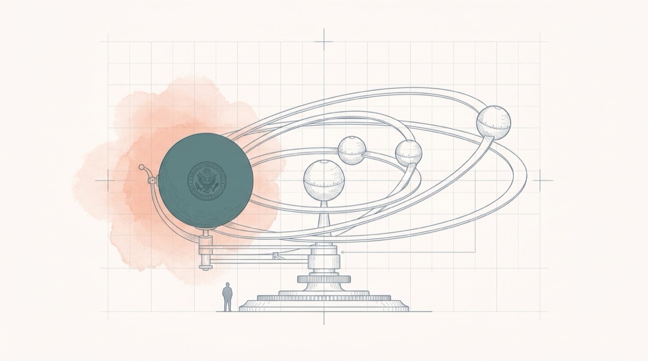 Dessin technique au trait de style Blanco d'un planétaire : trois sphères équilibrées sur des anneaux orbitaux elliptiques autour d'un centre commun, avec une sphère sarcelle beaucoup plus grande portant un sceau officiel entrant par la gauche et courbant chaque anneau orbital vers elle, un léger lavis corail derrière la sphère massive et une petite silhouette humaine sur la base pour donner l'échelle.